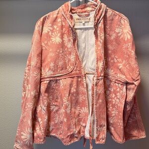 Free People Lua Bed Floral Denim Jacket in Apricot Combo.